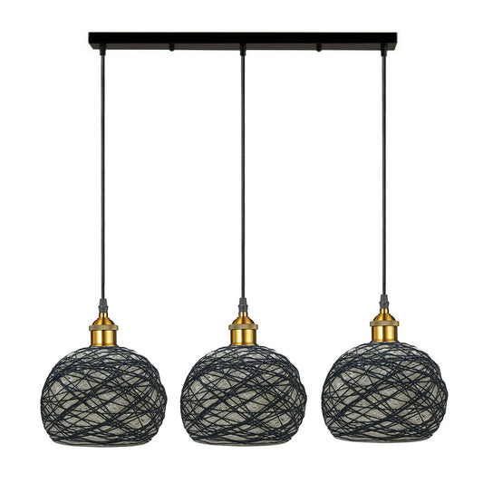 3 Head Wicker Globe Shape Pendant Shade Retro Hanging Ceiling Lamp
