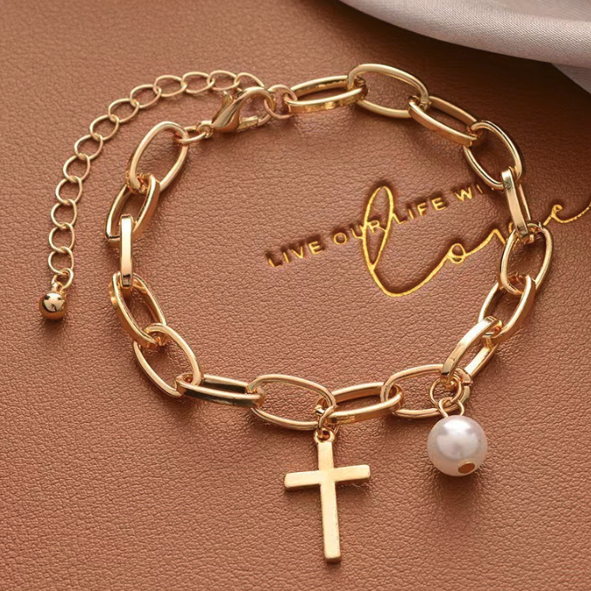 Womens Oval Link Bracelet With Cross Charm and Faux Pearl
