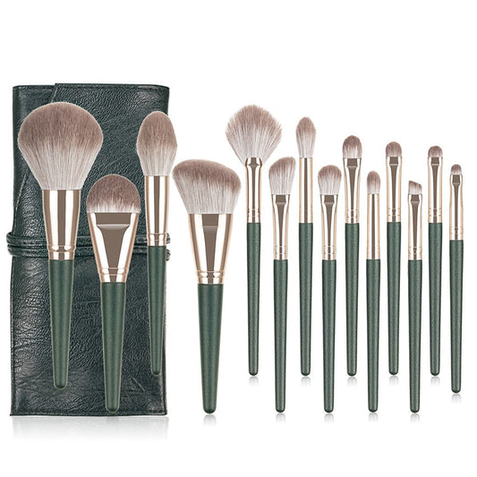 14pcs Green Cloud Makeup Brushes Cosmetics Tools Set Wooden Handle
