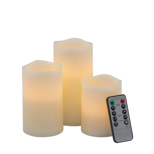 Set of 3 Ivory LED Candles with Remote Timer, L:D3X6" M:D3X5" S:D3X4"
