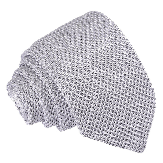 Plain Knitted Slim Tie - Silver